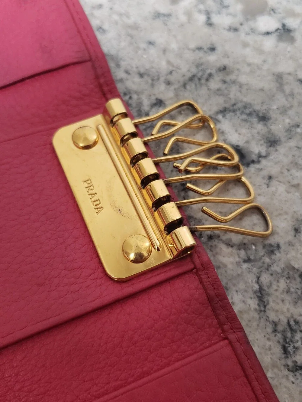 Prada Pink Pebbled Leather 6 Key Ring Card Case Holder